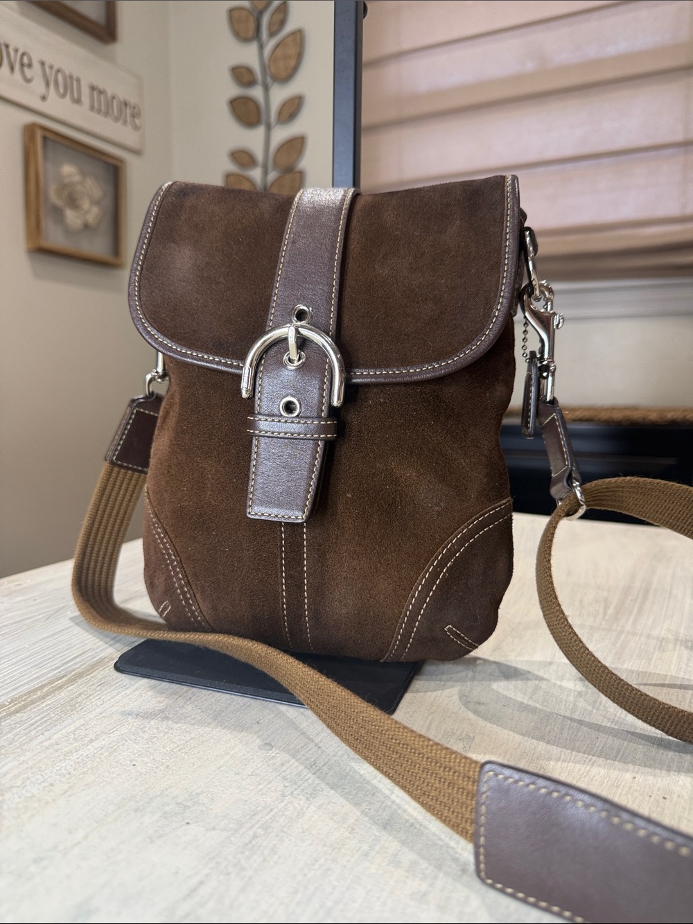Coach SoHo Buckle Flap Brown Suede Small Crossbody with Leather Trim and Buckle